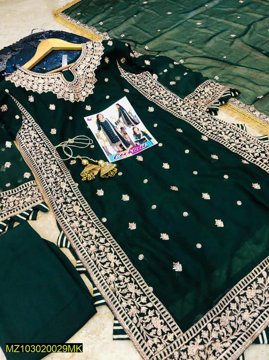 3 Pcs Women’s Stitched Crinkle Chiffon Embroidered Suit