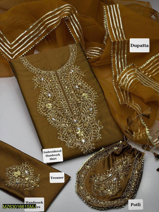 3 Pcs Women's Unstitched Fancy Katan Silk Embroidered Suit